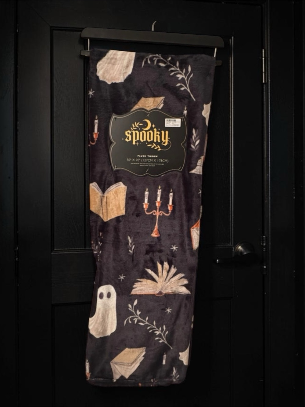 Ghost & Books Plush Halloween Throw Blanket - Black with Cream & Tan Accents
